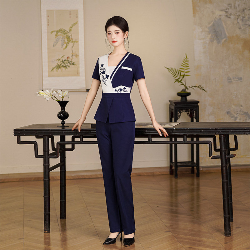 高端足浴技师工作服夏季短袖国风刺绣酒店前厅接待养生馆工装套装