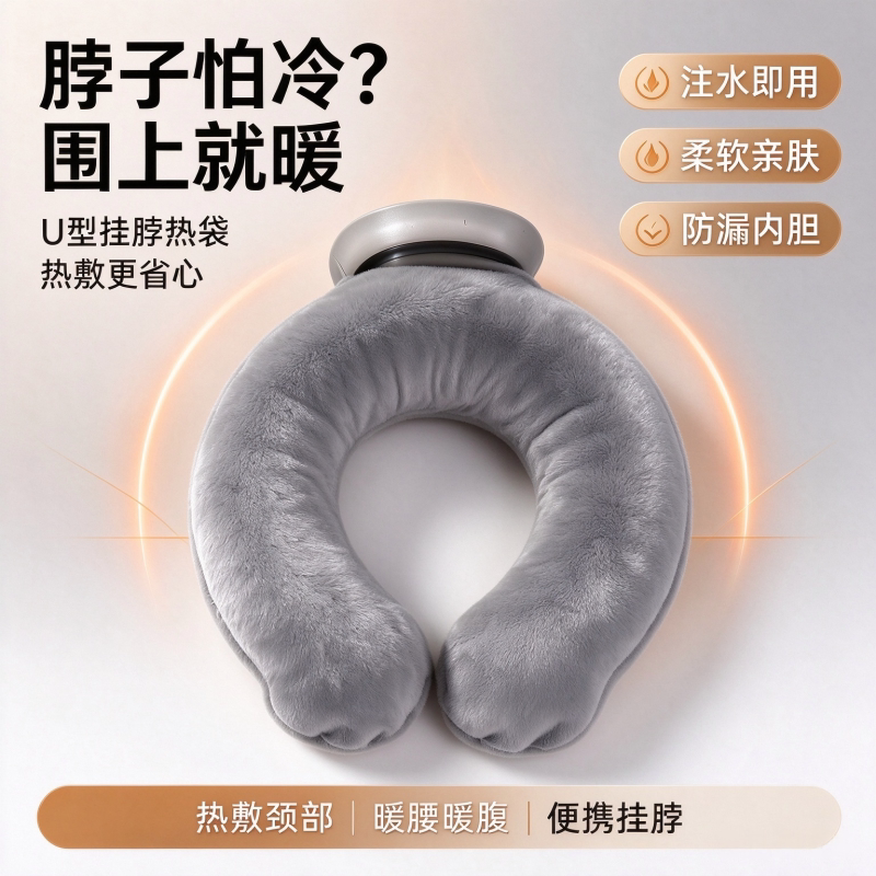 U型挂脖热水袋暖颈热敷注水防爆内胆柔软家庭保暖便携暖腰腹神器