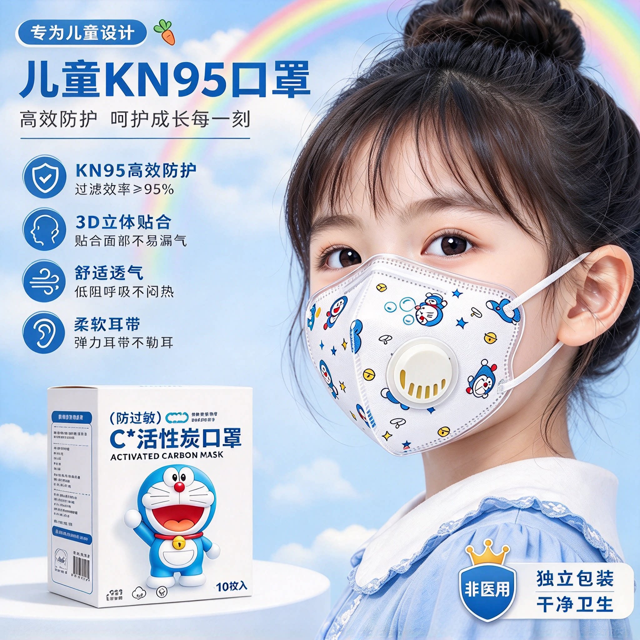 kn95儿童口罩过敏性鼻炎专用戴呼吸阀防雾霾3-6岁独立包装防流感
