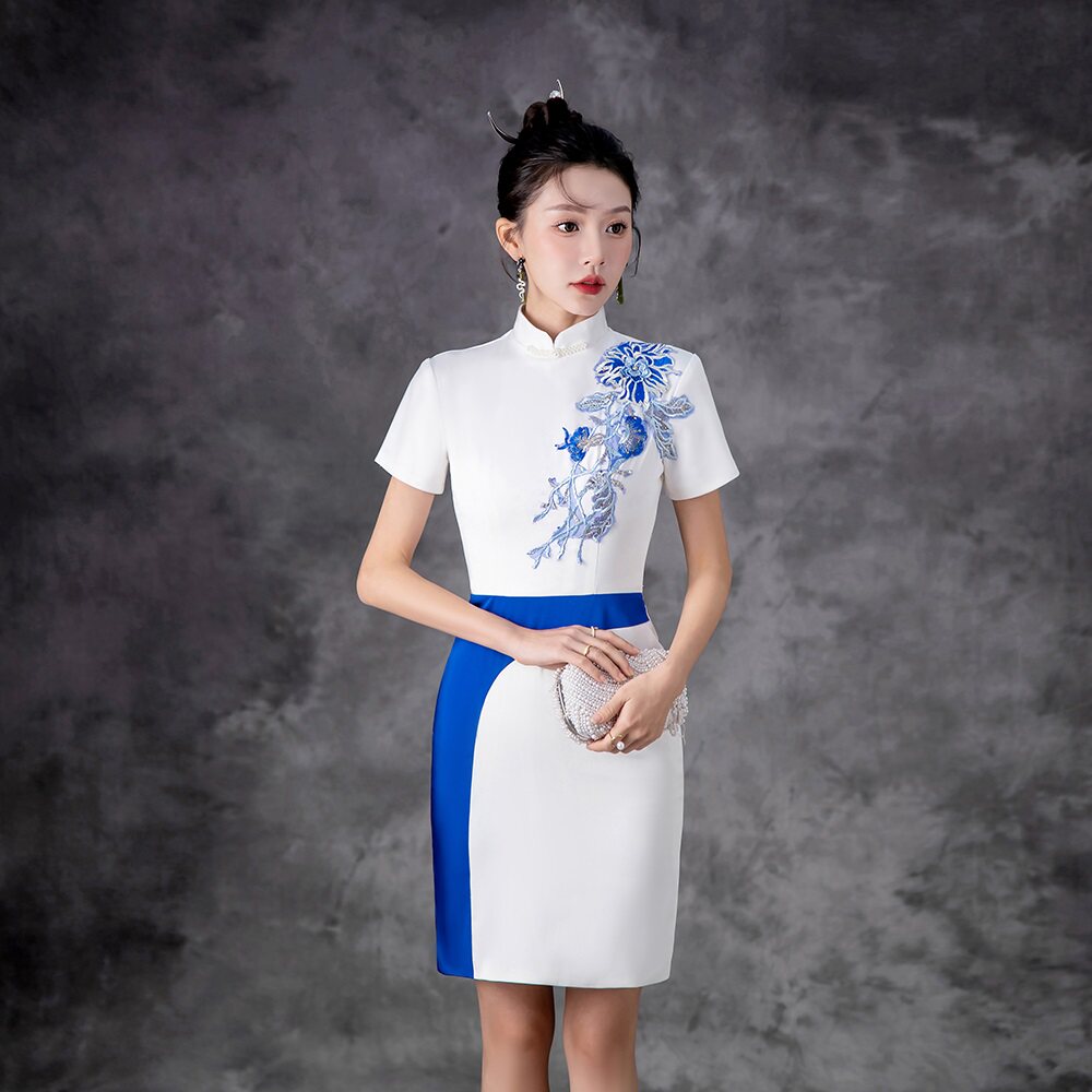 紫缘萱简约短款礼服酒店工作制服小个子主持宴会晚装修身显瘦迎宾