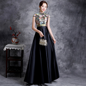 显瘦酒会 气质宴会晚装 紫缘萱中国风式 黑色晚礼服舞台表演出服长款