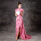 紫缘萱高端舞台演出礼服宴会晚装 粉色拖尾开叉亮片蕾丝气质主持女