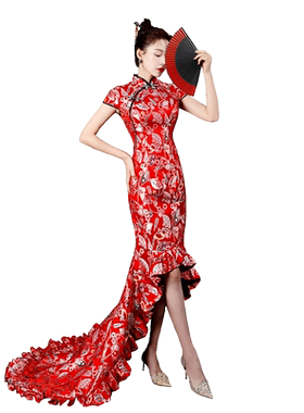 紫缘萱中式国风长款拖尾演出服
