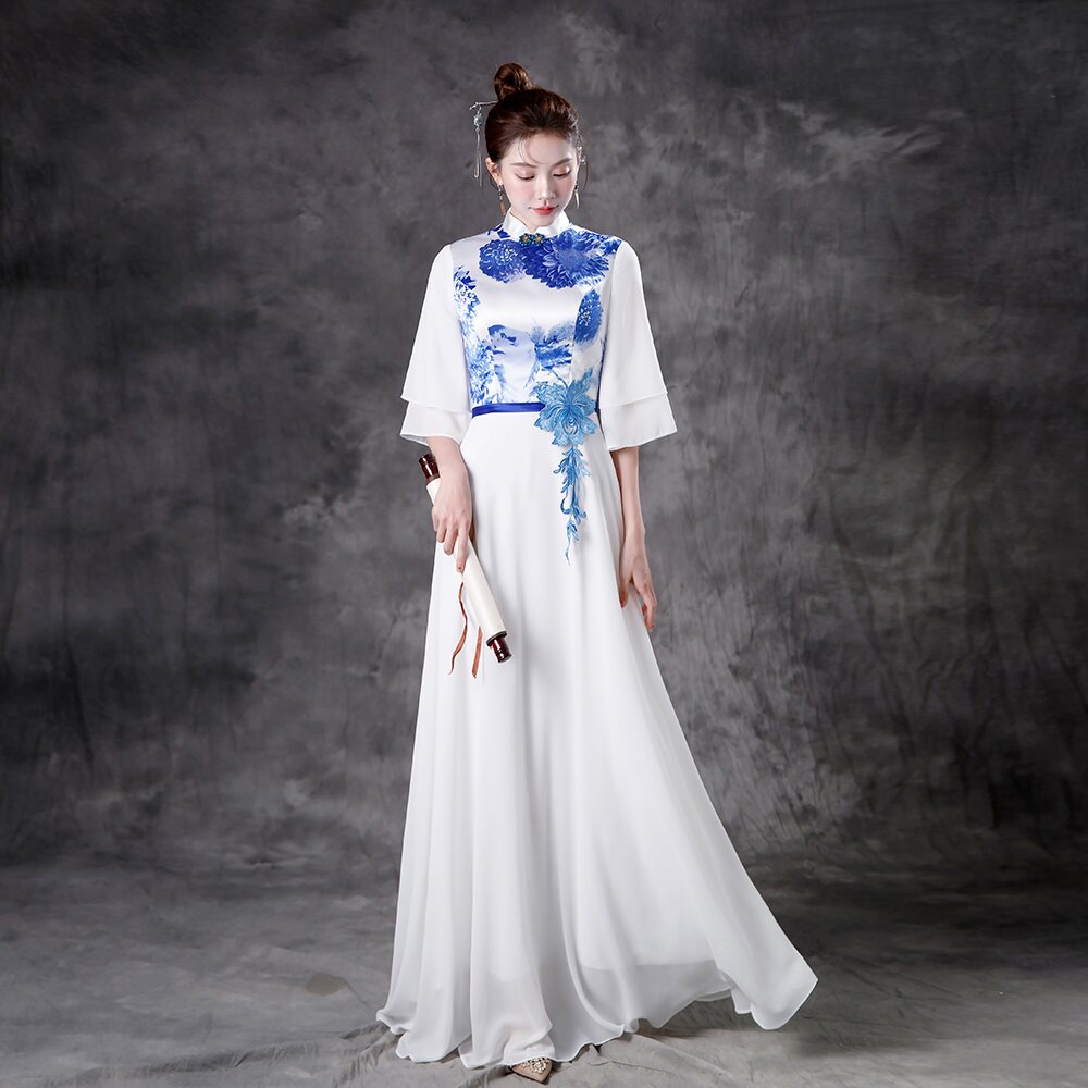 中国风高端立领长款礼服印花雪纺晚装大型合唱团舞台走秀表演出服