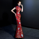 紫缘萱中式 模特团队走秀演出服红黑撞色显瘦女 刺绣鱼尾晚礼服长款