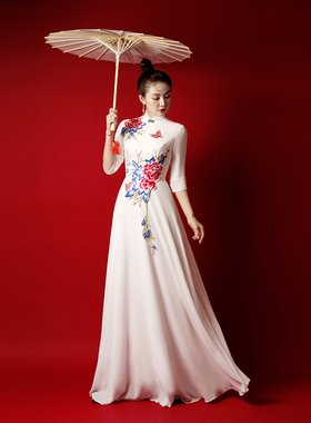 高端中国风长款礼服白色雪纺宴会晚装大型合唱团舞台走秀演出服夏