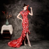 高端中式 国风礼服鱼尾红色拖尾模特走秀舞台演出服刺绣旗袍裙古筝