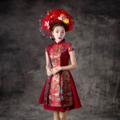 紫缘萱高档舞台演出服装 小个子暗红色主持朗诵显瘦 宴会晚礼服短款