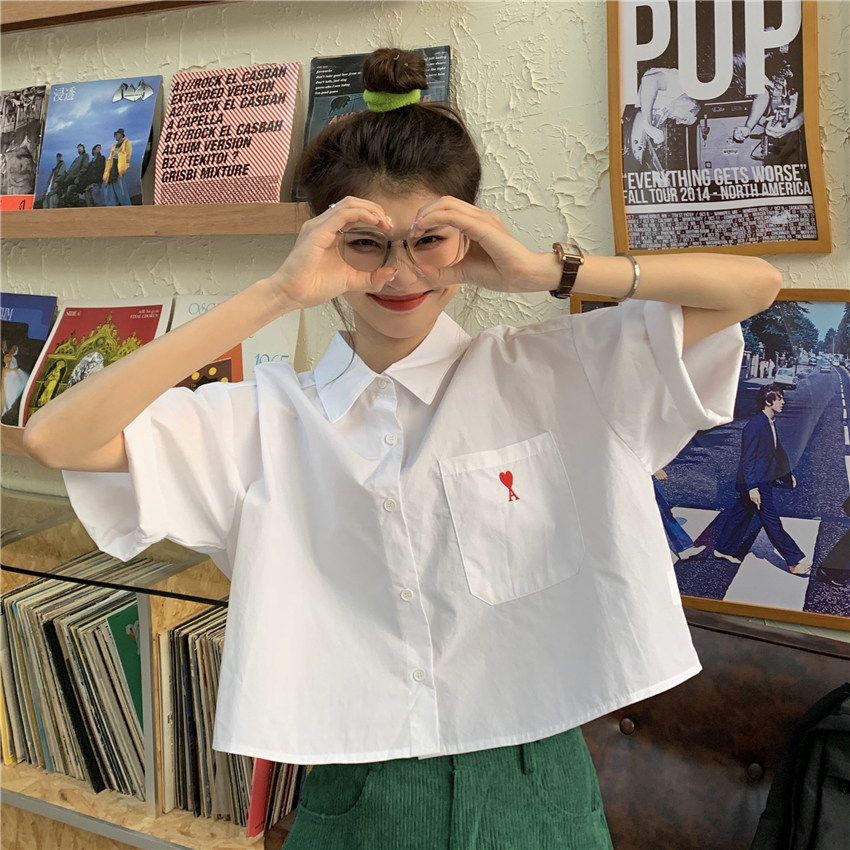 Real shot real price summer Korean new embroidery loose short design fashion short sleeve shirt