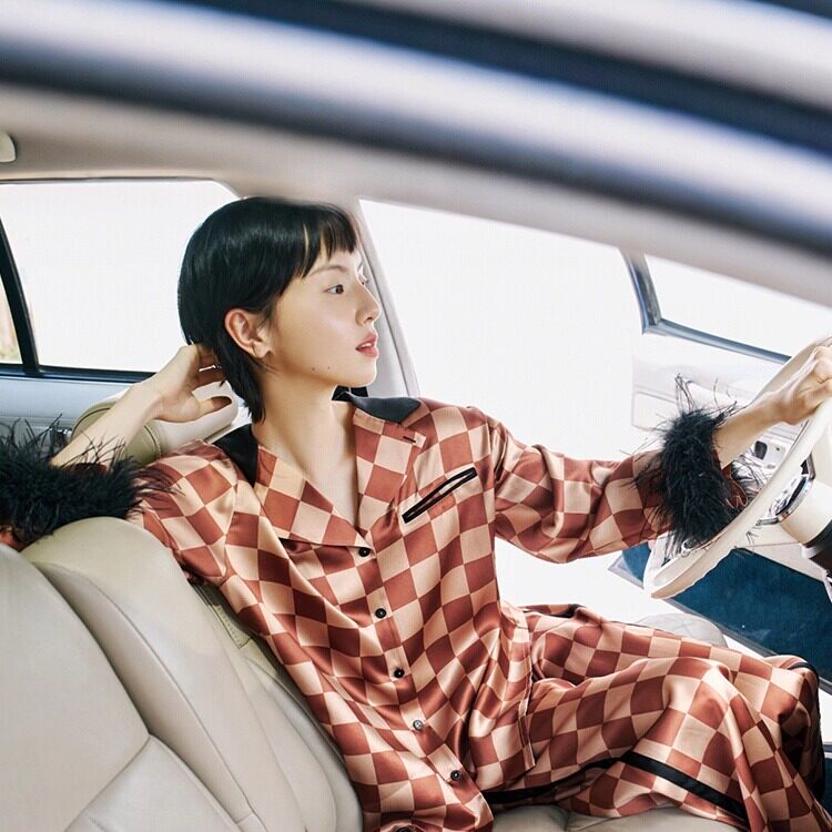 桑罗真丝睡衣摩卡格纹羽毛舒适