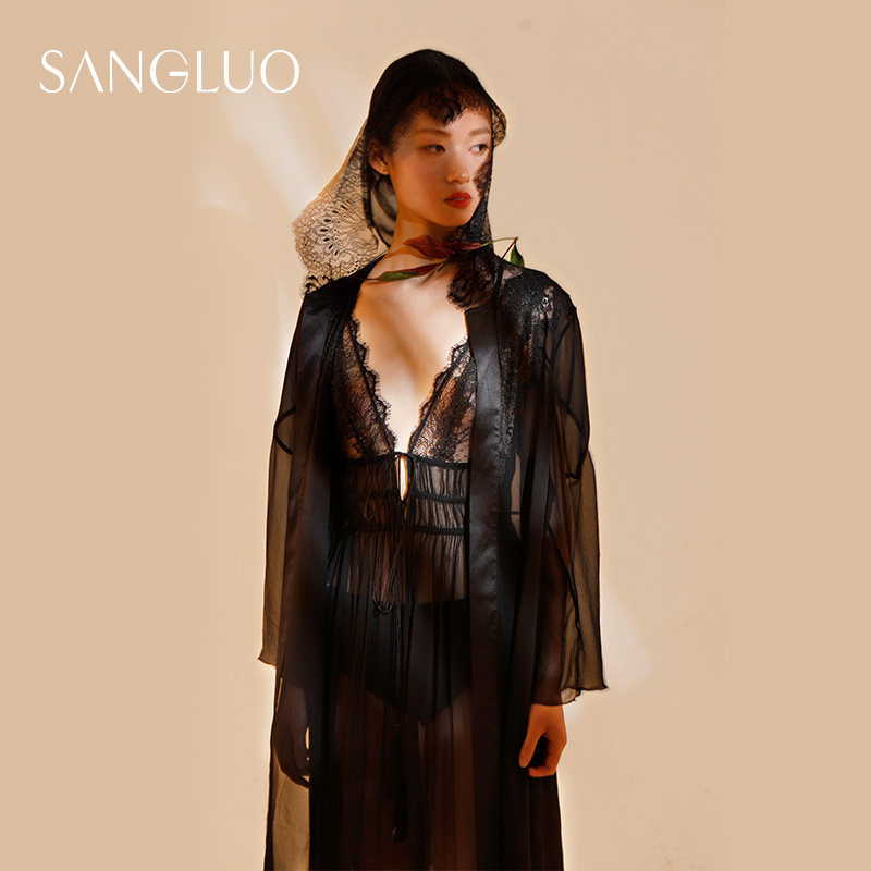 神秘黑透明诱惑真丝睡袍桑罗女春夏性感蕾丝晨袍桑蚕丝长袖睡衣