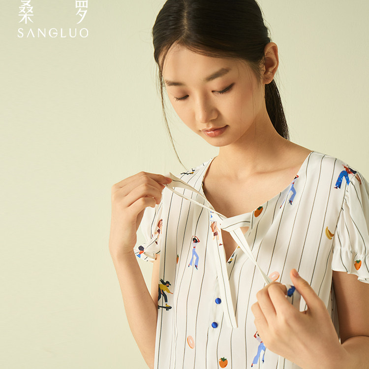 桑罗真丝睡裙女春夏新品短袖睡衣