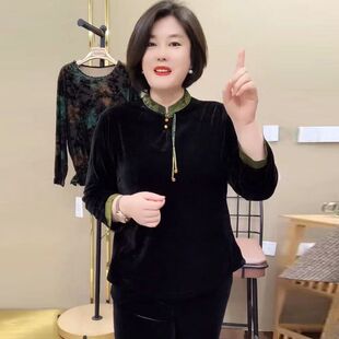 真丝绒中老年女士上衣新中式小衫2025春新款洋气妈妈装T恤衫打底