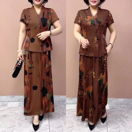 真丝套装夏季妈妈新款复古旗袍衫香云纱印花大码减龄阔腿裤两件套
