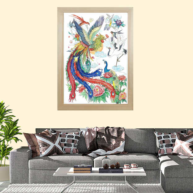 丹凤朝阳图中堂画 吉祥花鸟画书房客厅装饰画 凤凰丝绸挂画卷轴画