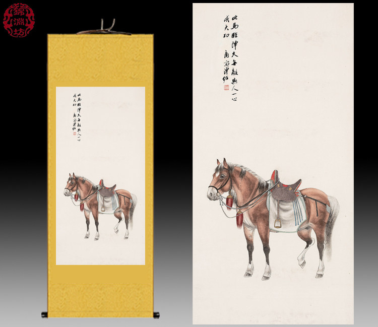 溥佐画家战马图丝绸画枣红马卷轴画骏马图客厅装饰画马到成功挂画