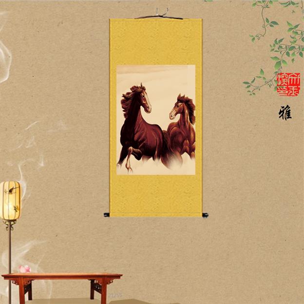 汗血宝马卷轴客厅玄关装饰年画追思枣红马丝绸画书法挂画马到成功