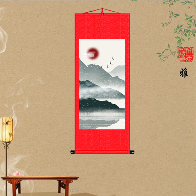 水墨山水画挂画客厅装饰画竖版字