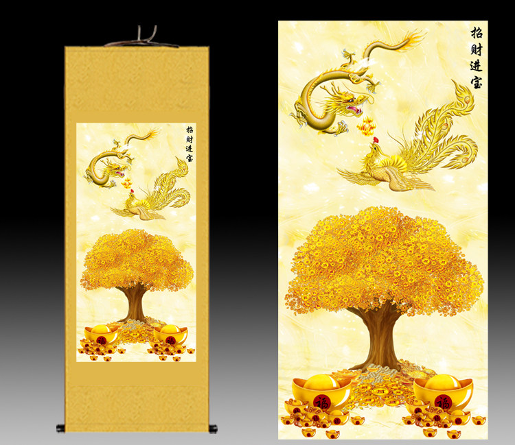 龙凤呈祥卷轴画摇钱树丝绸画凤凰玄关装饰画吉祥如意招财进宝挂画