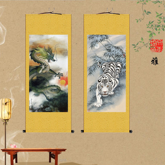 青龙白虎卷轴挂画中国龙水墨龙