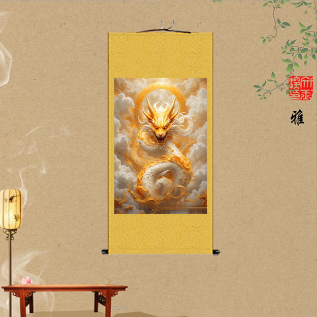 中国风金色龙纹烫钻国画挂画龙腾云朵金黄色装饰画沙发客厅丝绸画