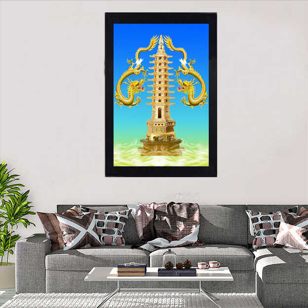 文昌塔卷轴画双龙丝绸画祥云客厅玄关装饰字画招财挂画步步高升画
