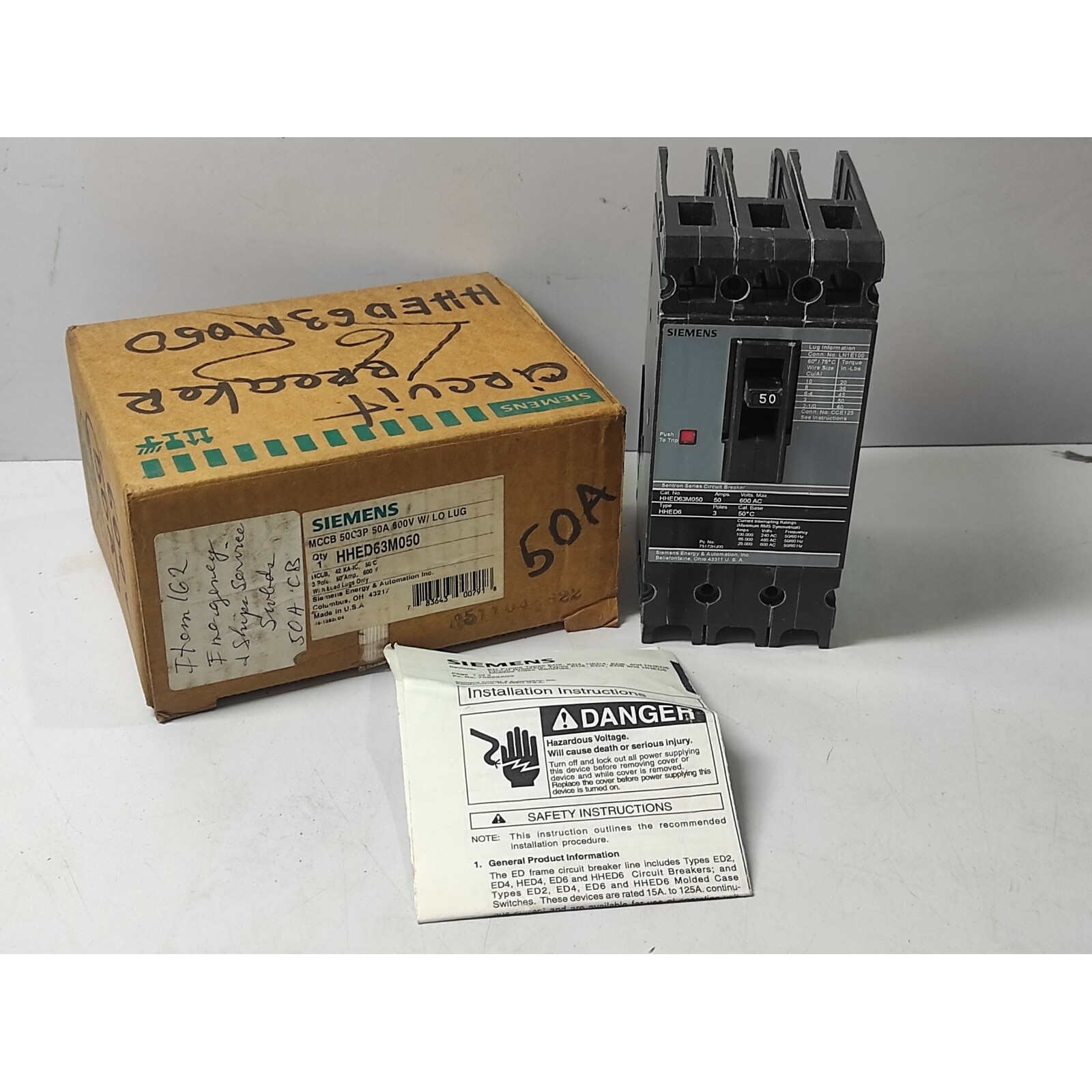 Siemens HHED63M050 MCCB 50C3P 50A 600V Sentron Séries Disjo