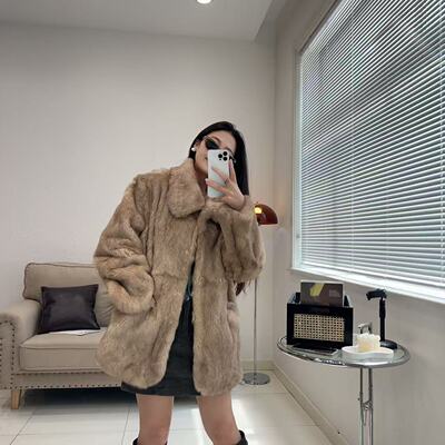 中古风皮草兔毛中长立兜外套保暖