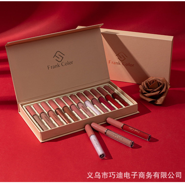 爆款外贸FrankColor12色书本唇彩套装哑光珠光不粘杯唇釉口红批发