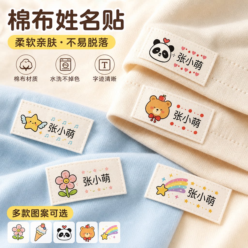 幼儿园衣服姓名贴纯棉名字贴可缝制款标志刺绣小学生校服布贴标签图片