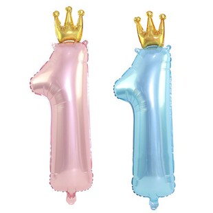 36寸带皇冠数字1异形周岁铝膜气球1ST粉蓝纯色宝宝生日小立柱装饰