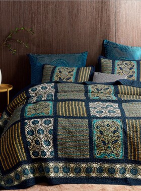 轻奢高档复古风纯床盖三件套四季通用欧式拼接全棉绗缝被防滑床单