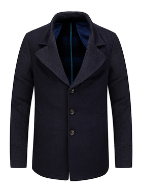 鸟家深蓝色毛呢大衣男翻领单排扣商务休闲羊毛冬季青年外套93072