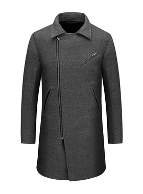 鸟家旗下毛呢大衣男灰色中长款休闲外套冬款保暖时尚斜拉链17510