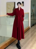 Красное двусторонное кашемировое зимнее длинное шерстяное шерстяное пальто, средней длины