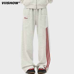 VIISHOW复古条纹拼接刺绣运动卫裤 男女潮牌宽松情侣阔腿休闲长裤
