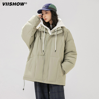 VISHOW假两件棉衣男冬季潮牌加厚保暖连帽羽绒棉服宽松休闲外套