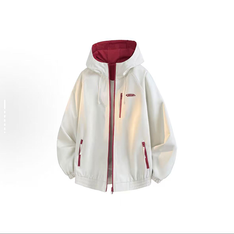 PRESSURE美式复古多巴胺色系拼接撞色休闲宽松连帽学院风夹克男女