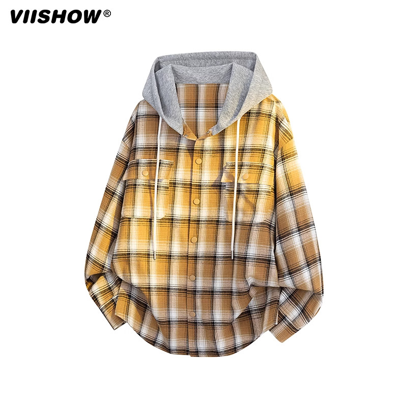 VIISHOW美式复古格子衬衫外套男2025春新款青少年痞帅情侣连帽衫,男装,夹克,淘宝优惠券,粉丝福利购,淘宝优惠卷