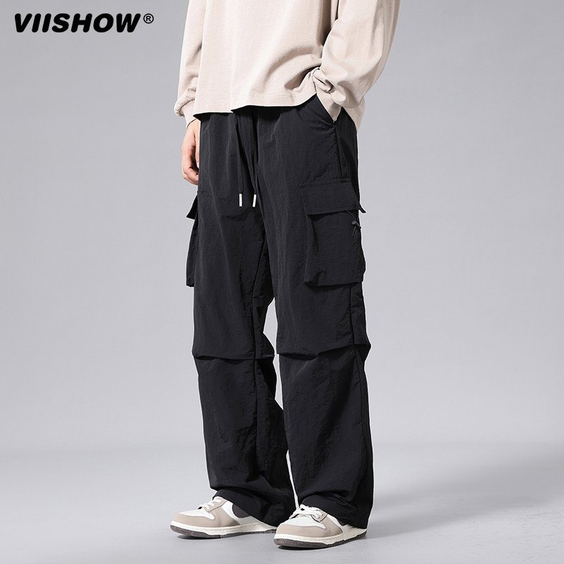 VISHOW黑色工装裤男士潮牌阔腿休闲长裤夏男生直筒宽松裤子男款