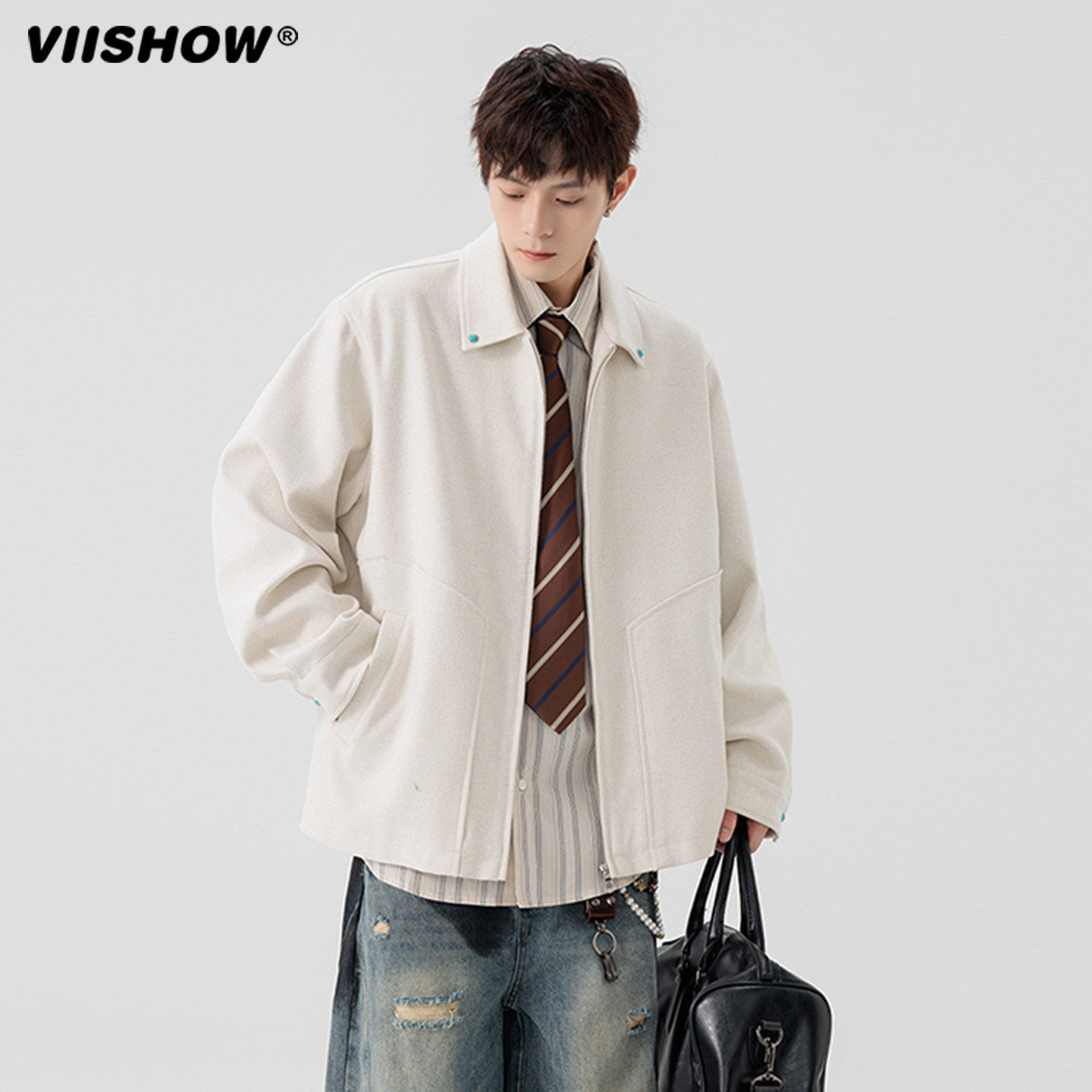 VIISHOW秋冬新款复古毛呢夹克男宽松休闲cleanfit翻领短款外套,男装,夹克,淘宝优惠券,粉丝福利购,淘宝优惠卷