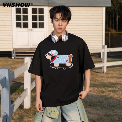 VIISHOW情侣纯棉毛巾绣短袖T恤男士趣味卡通小狗美式宽松休闲半袖