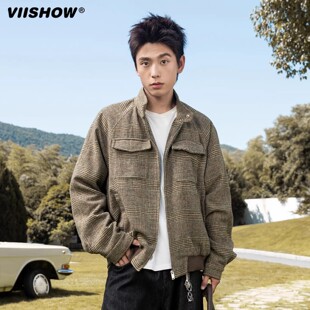 VIISHOW美式复古千鸟格立领外套男款秋潮牌宽松休闲男哈灵顿夹克