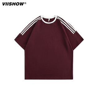 VIISHOW拼接撞色美式重磅三条杠短袖T恤女男潮牌宽松情侣纯棉半袖