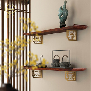 喜月中式原木免钉墙上实木置物板一字板玄关隔板支架电视柜壁挂式