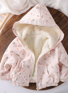 女宝宝秋冬加绒连帽棉服