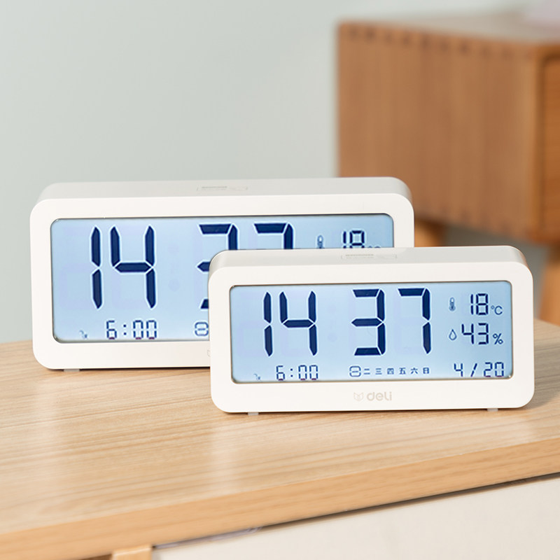 DELI 8826 조용한 침실 침대 옆 발광 소형 전자 시계 스마트 시계 다기능 알람 소리 초대형 현대 단순 북유럽 스타일 홈 오피스 온도 및 습도가있는 학생을위한 전자 알람 시계
