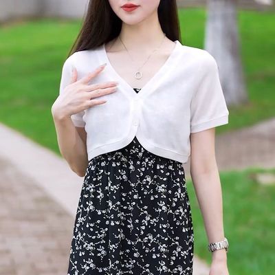冰丝针织白色开衫女短袖披肩夏季配吊带裙的小坎肩短款罩衫薄外搭
