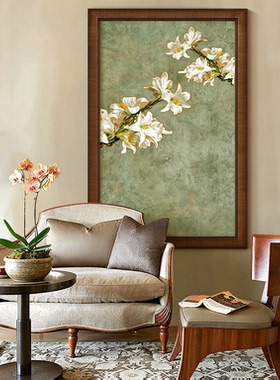 法式淡雅花卉手绘油画客厅玄关画