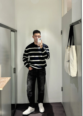 条纹圆领长袖羊毛套头衫